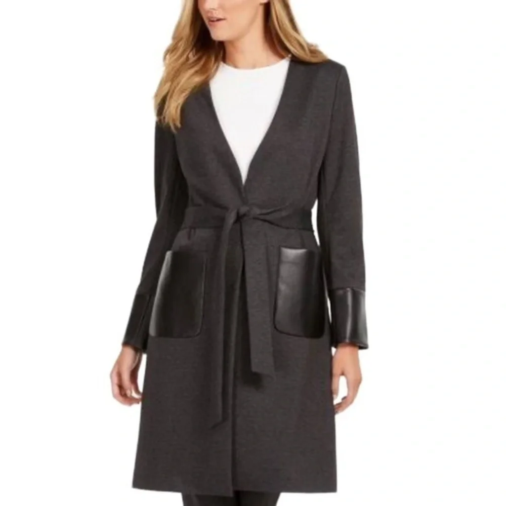 Calvin Klein Women's Faux Leather Trim Belted Cardigan Black Size 4